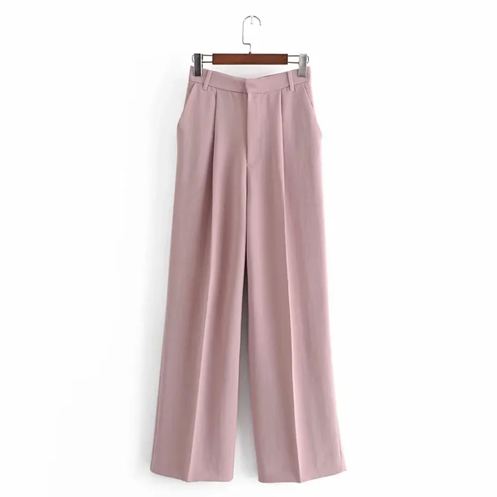 

Nice Women Elegant Vogue Pink High Waist Straight Pants Vintage Zipper Fly Side Pockets Trousers Casual Pantalones