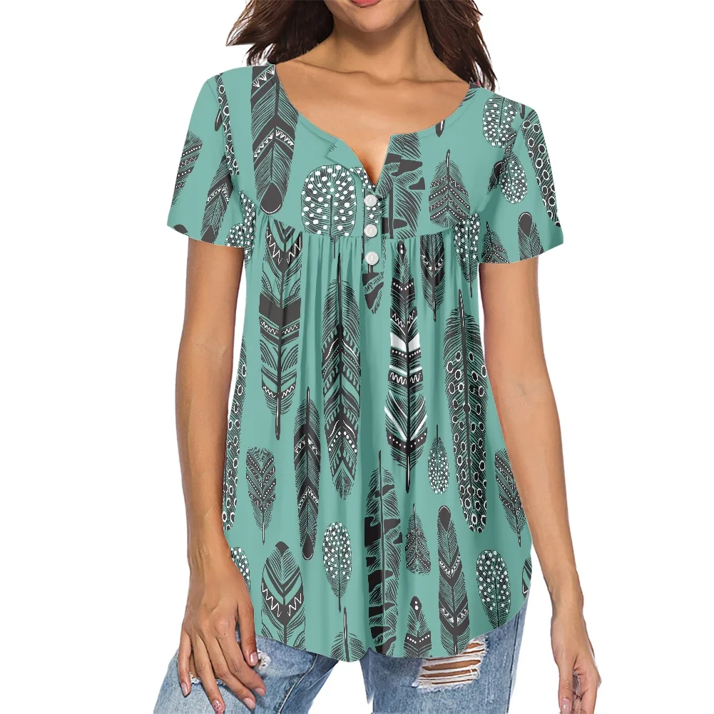 

Полинезийский Племенной Дизайн, Женские Плиссированные Свободные повседневные топы с коротким рукавом и рисунком тропических растений