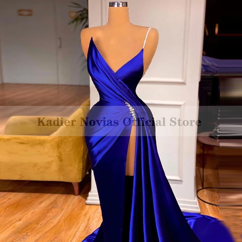 

Длинное атласное вечернее платье-русалка, темно-синее платье с разрезом для выпускного вечера, 2021
