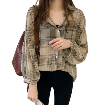 Women Plaid Turn Down Collar Shirt Autumn Loose Blouse Long Sleeve Button Down Tops 1