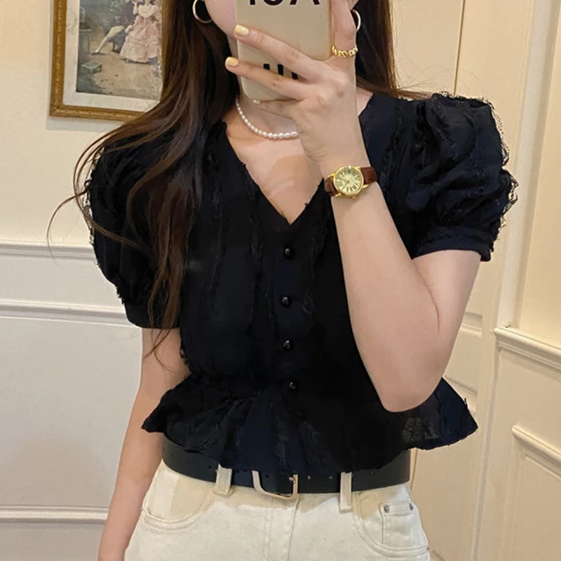 

Женская жаккардовая рубашка с V-образным вырезом и пышными рукавами