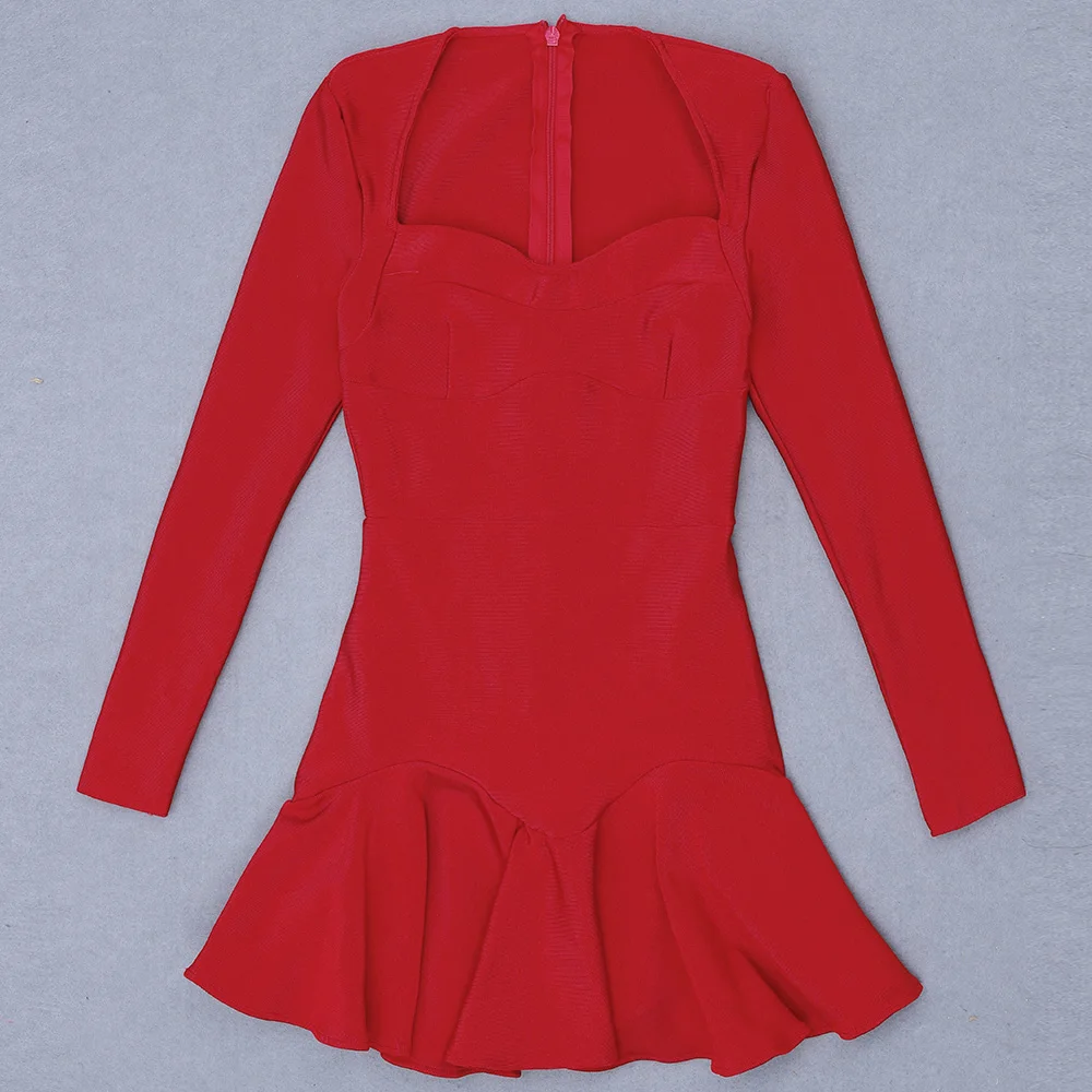2021 Sexy Red Long Sleeve V Neck High Quality A Line Bandage Dress Fashion Evening Party Vestido Mini Club mini dress Sexy Red Long Sleeve V Neck  A Line Bandage Dress Evening Party
