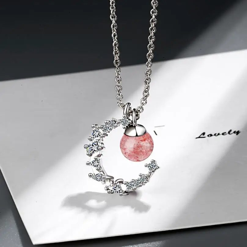 

Moissanite Diamond Necklace 925 Sterling Silver Moon Pendant Necklace For Women Girls Strawberry Crystal Fine Jewelry