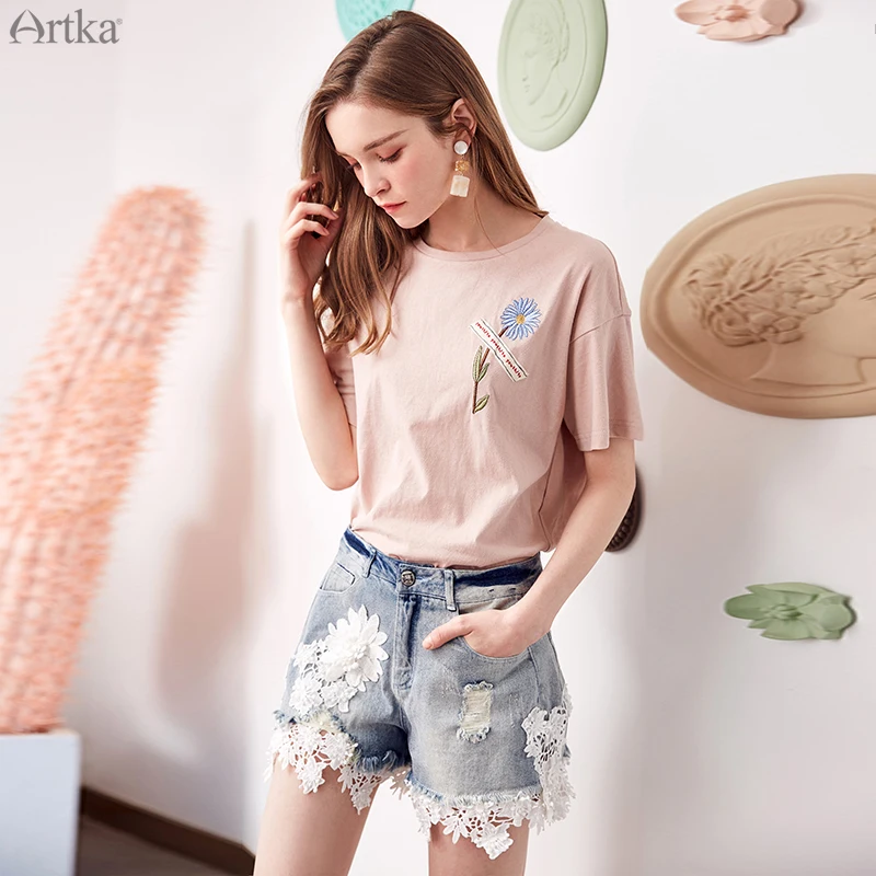 Женская футболка с круглым вырезом ARTKA свободная из чистого хлопка коротким