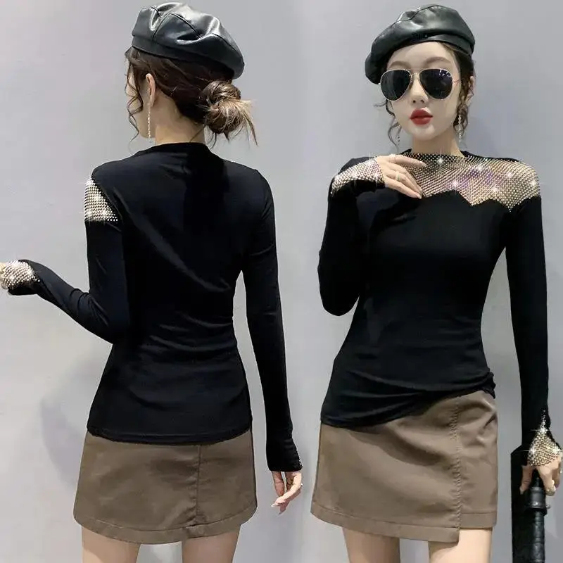 

Sexy Hollow Long Sleeves, European And American Imitation Diamond Top, Slim Fit, Basic Shirt, Autumn And Winter Models, Women