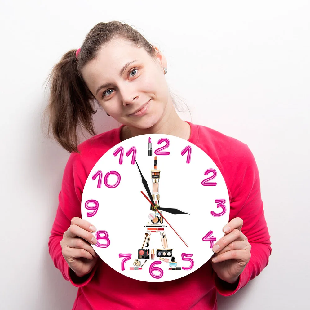 Парижская косметика современные настенные часы Эйфелева башня девушка комната