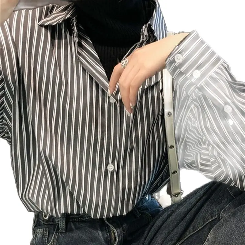 

Свободная рубашка с длинным рукавом, полосатая рубашка, Женская Весенняя Повседневная офисная Дамская рубашка в корейском ретро стиле, 2021