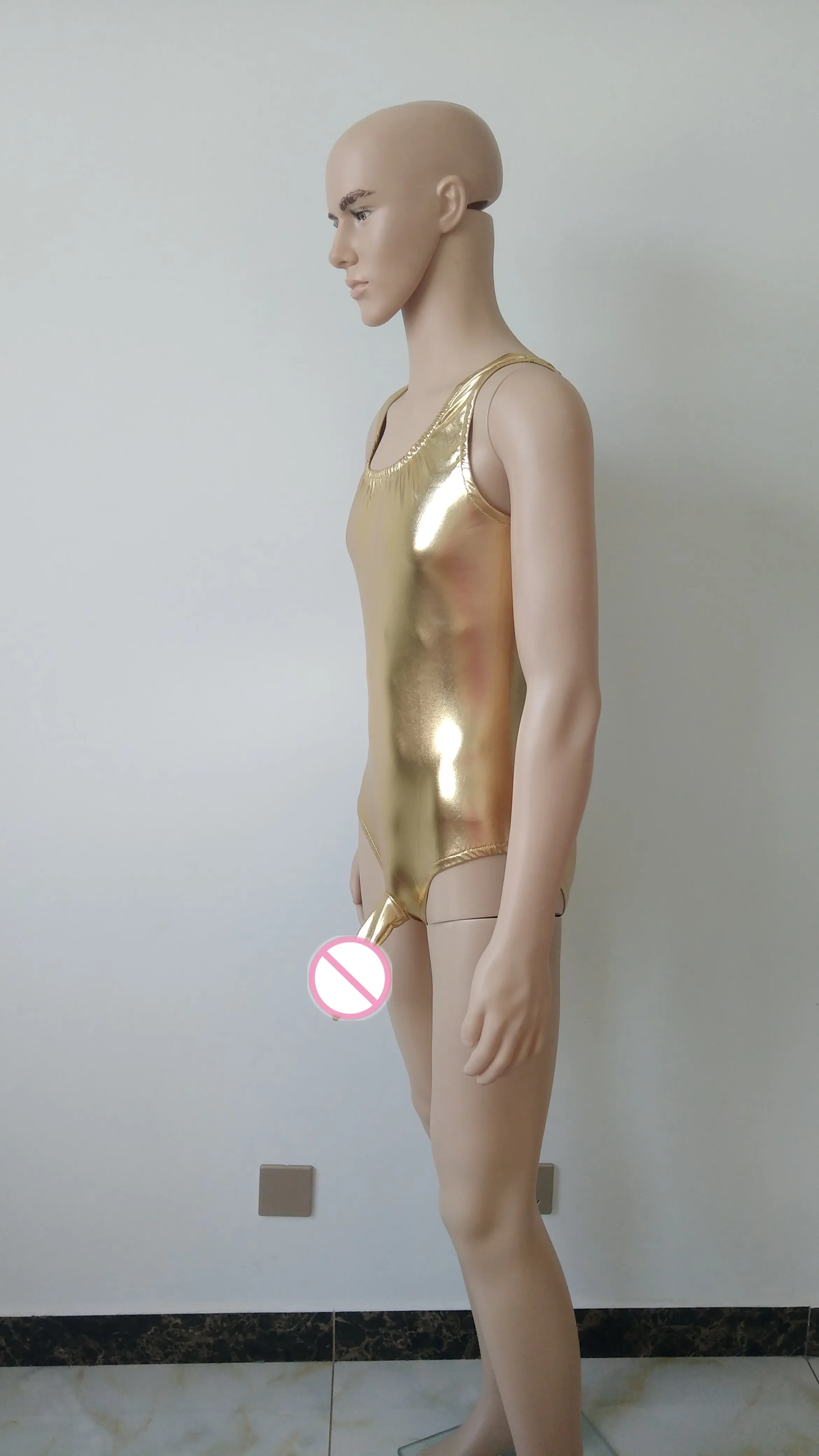 Мужской Блестящий пикантный полукомбинезон без рукавов с металлическим блеском