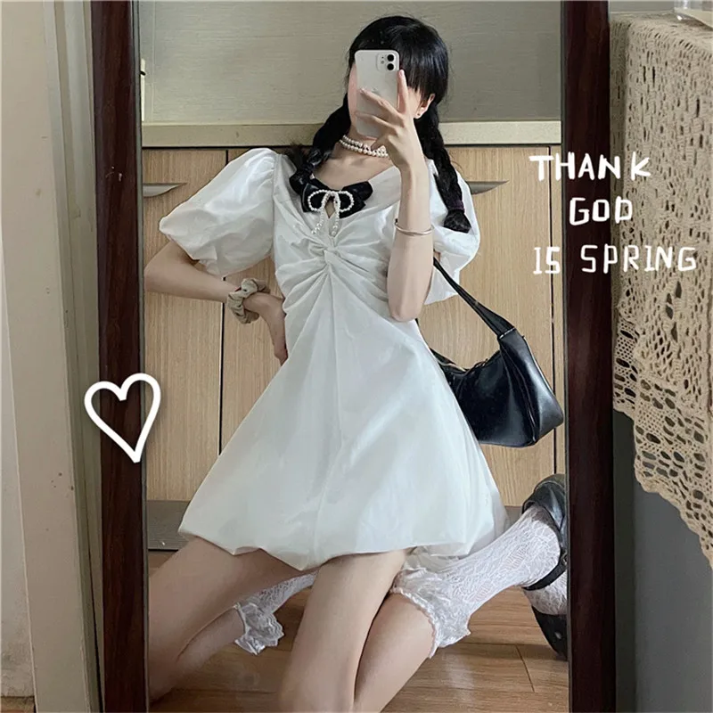 

Retro Summer Elegant Dress Japanese Sweet Girl Lolita Dress Kawaii Bow Cross V-Neck Pearl Puff Sleeve Drees Cute Ball Gown Dress