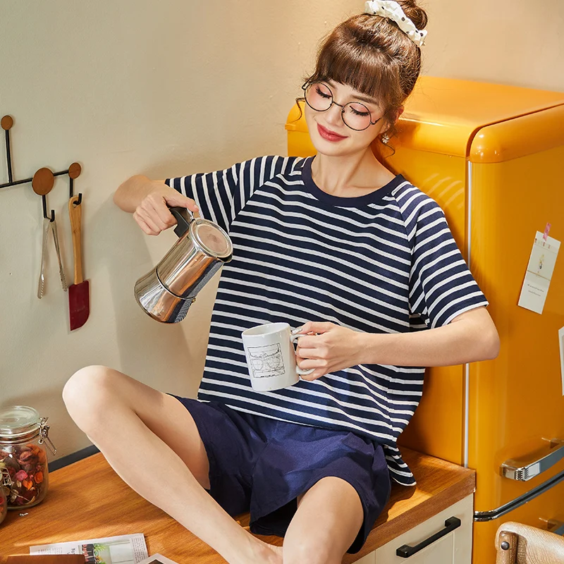 

Summer Simple Plaid Round Neck Pajamas Elastic Pants Women Sleepwear Ladies Comfortable And Soft Home Wear Short-sleeved Pajamas