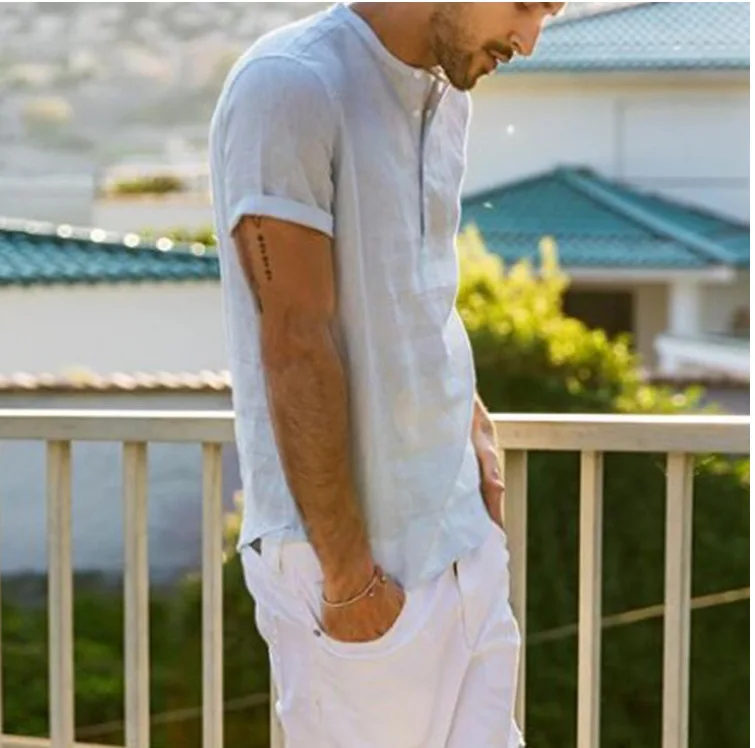 

Summer new style stand-up collar cotton short-sleeved shirt brand casual men's T-shirt breathable quick-drying short-sleeved