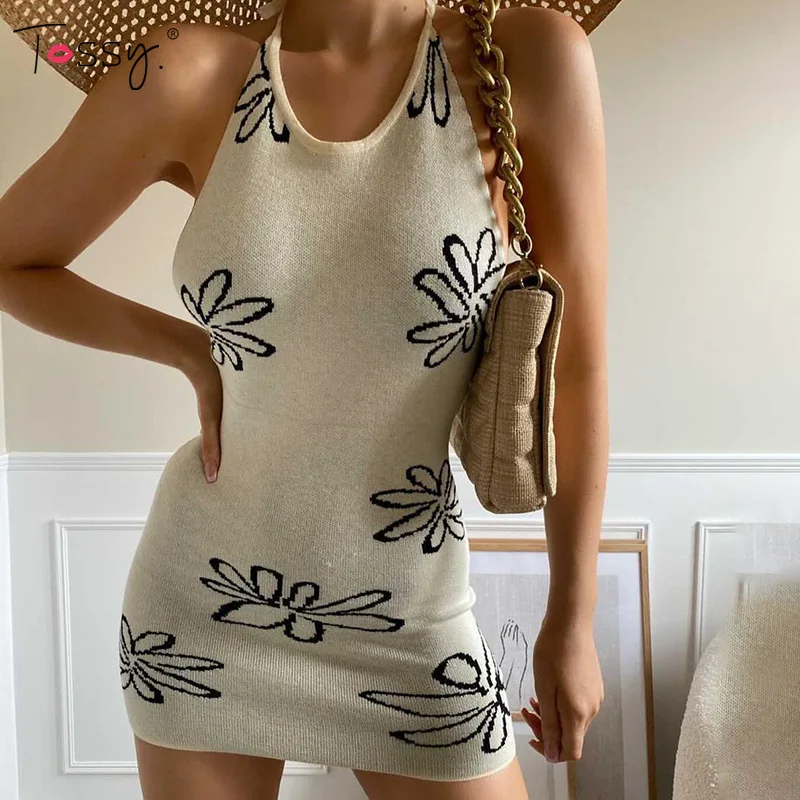 

Tossy Summer Floral Knitted Bodycon Mini Dress Women Backless Halter Neck Sexy Sleeveless Beach Party Knitwear Holiday Sundress