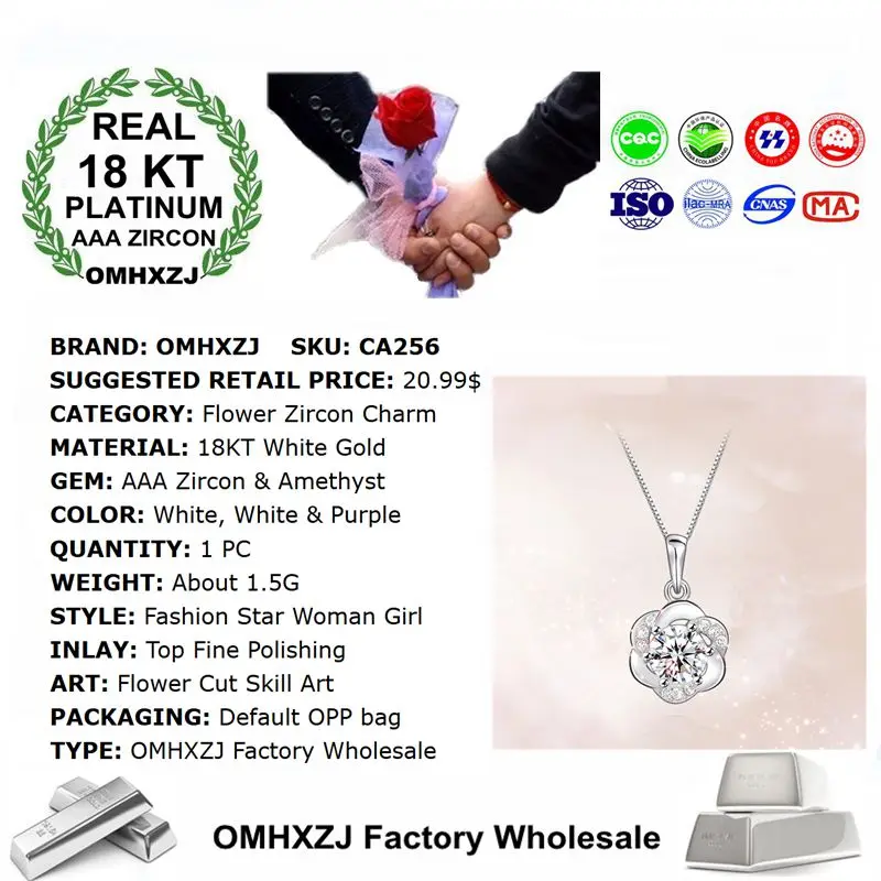 OMHXZJ Wholesale European Fashion Woman Girl Party Wedding Gift Amethyst AAA Zircon 18KT White Gold Necklace Pendant Charm CA256 | Украшения