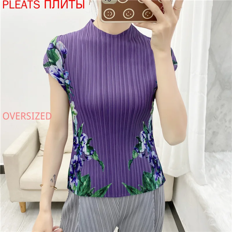 

Летняя новая плиссированная футболка Miyake с принтом, Модный повседневный плиссированный топ для женщин, тонкая плиссированная футболка бол...