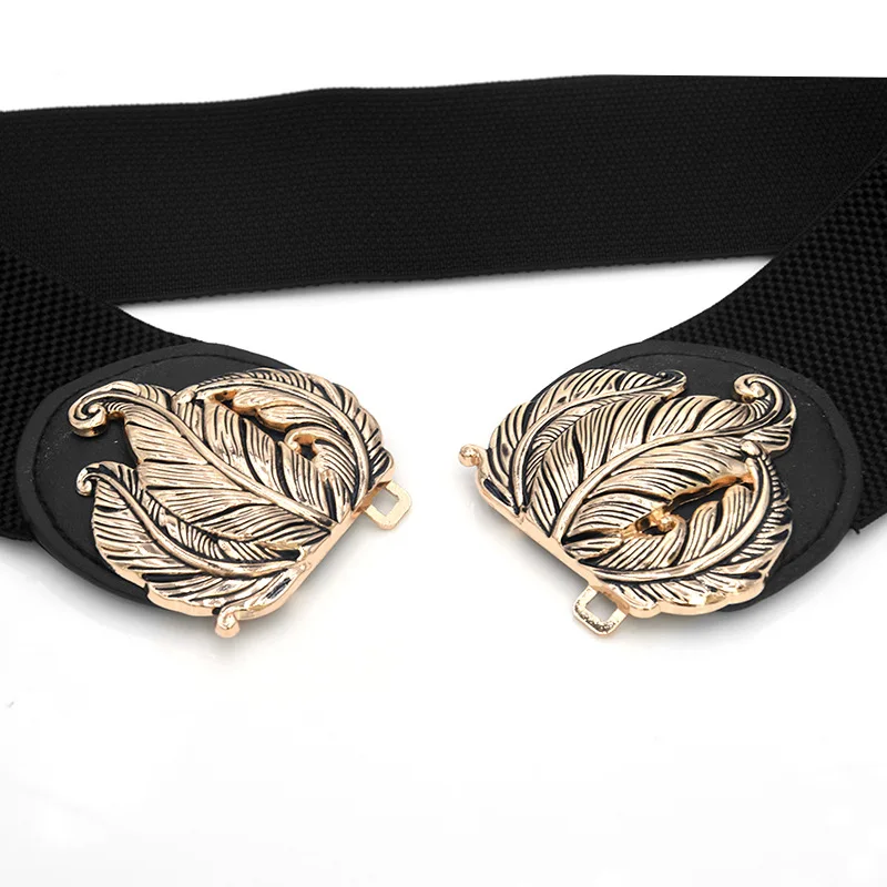 

Vintage Elastic Wide Corset Belt Women Cummerbund Golden Leaves Metal Buckle Waist Strap Coat Sweater Skirt Decorative Waistband