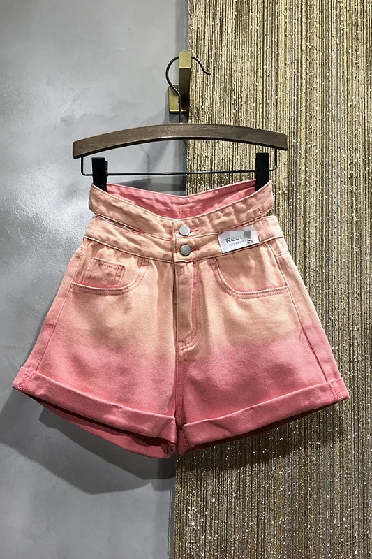 

Hollow Out Midriff Jeans for Women 2021 Summer New High Waist Gradient Color Shorts Female Gradient Wide Leg Shorts Fashion