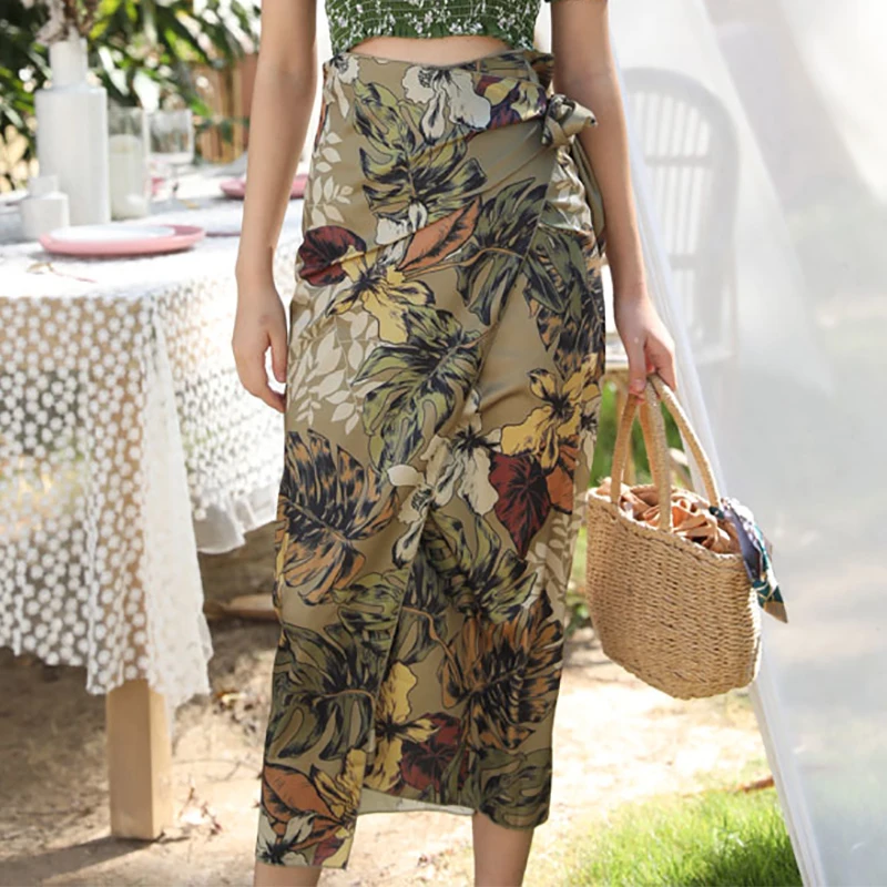 

Summer New Fashion Women Skirt Bohemian Lace-up Print Floral Straight Skirts Female High Waist Simple Thin Slim Falda Midi Femme