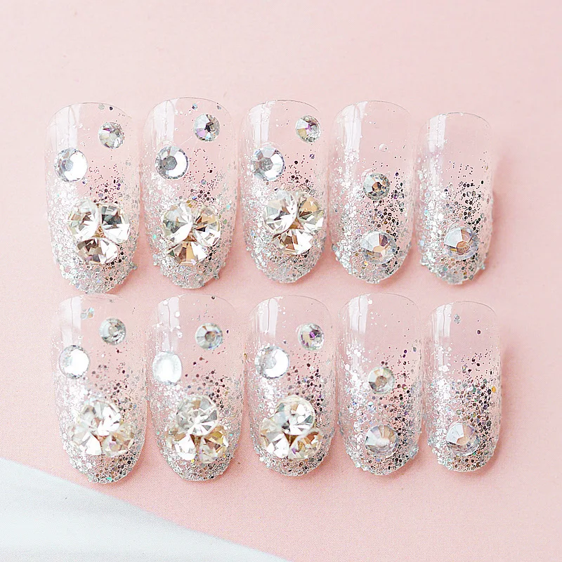 

24pc Rhinestone False Nails Bride Wedding Party Fake Nail Luxury Nail Art Faux Ongles Lady Full Nail Tip Patch with Glue Sticker