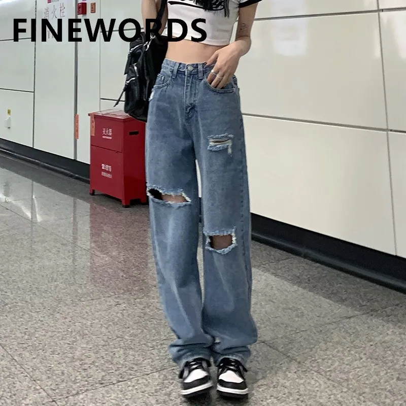 

FINEWORDS Korean Ripped Hole High Waisted Jeans Vintage Casual Streetwear Loose Jeans Straight Punk Distressed Jeans