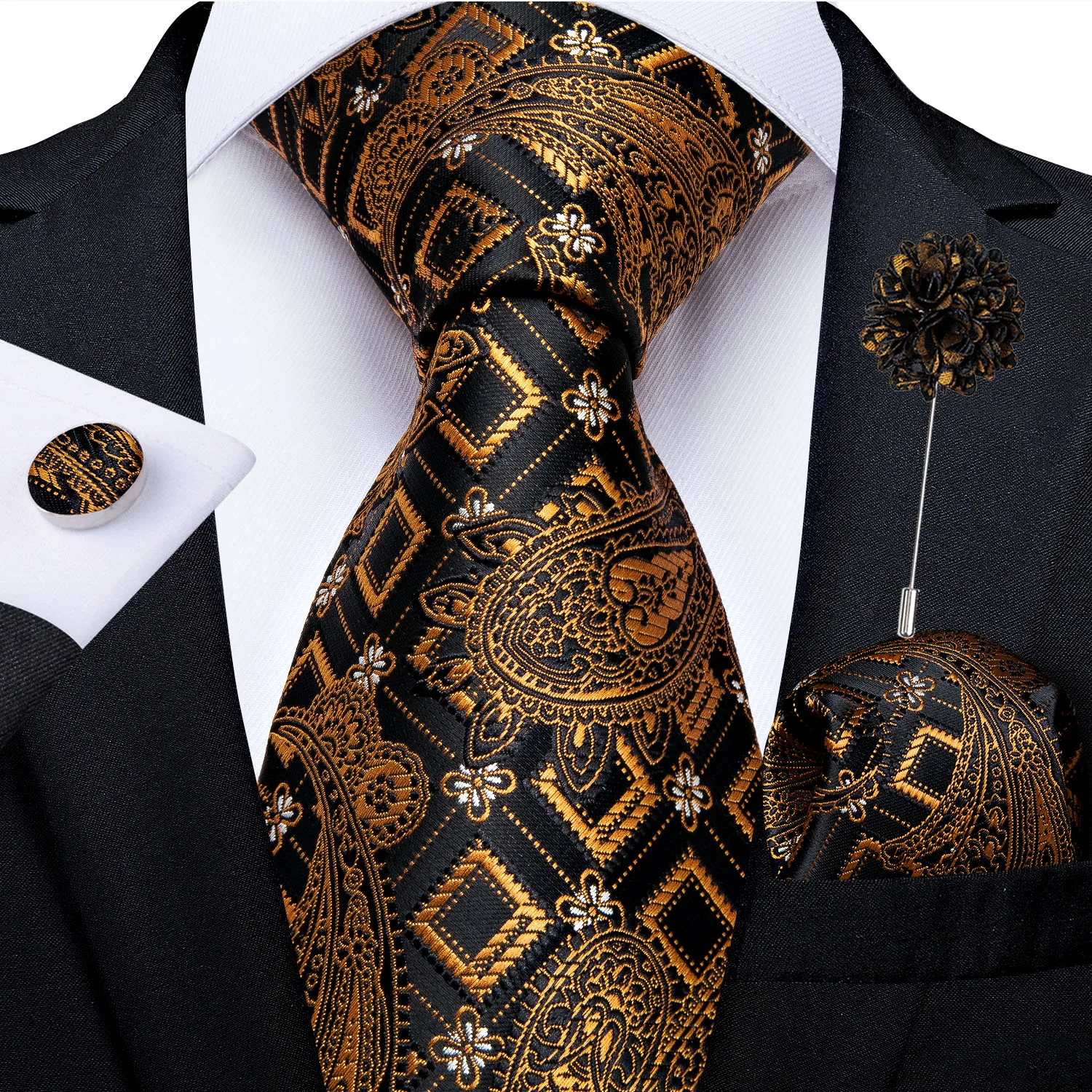 

New Fashion Men's Silk Tie Gold Floral Black Necktie Pocket Square Brooch Set 8cm Formal Wedding Party Tie Set Men Gift DiBanGu