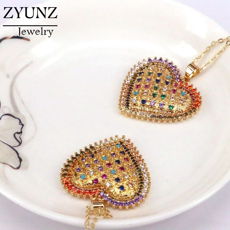 

4PCS, Top Quality Gold color Rainbow Heart Collar Cubic Zirconia Love Heart Pendant Necklace Copper CZ Jewelry Gift For Women