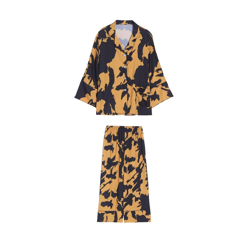 

Women New Printed Pajamas Set Satin 2PCS Sleepwear Spring Summer Sleep Set Female Loose Pyjamas Suit Casual Home Clothing