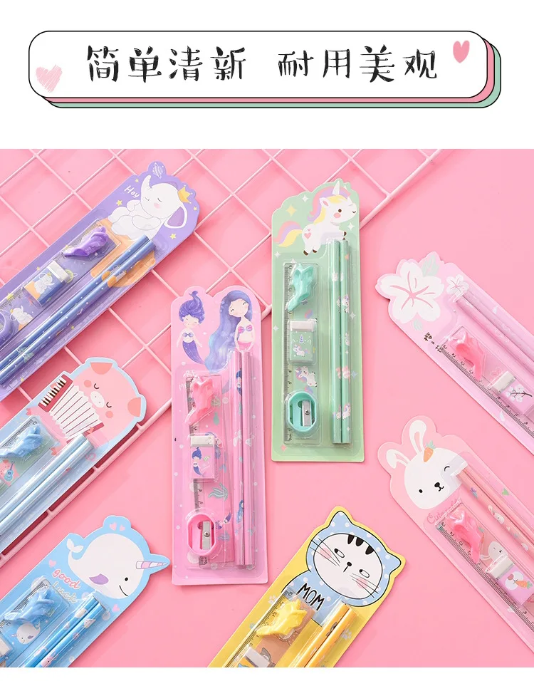 Милый набор карандашей Kawaii с ластиком, точилка для карандашей, держатель для ручек для детей, школьные канцелярские принадлежности, 6 шт., подарочный набор