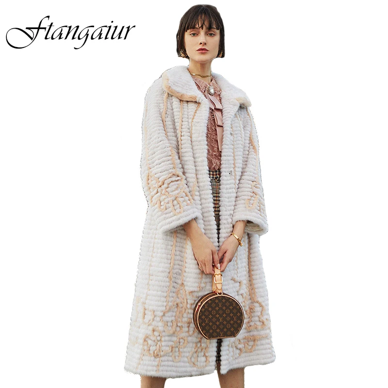 

Зимнее импортное бархатное Норковое Пальто Ftangaiur для женщин, технология полоски, пальто из натурального меха, женские длинные настоящие нор...