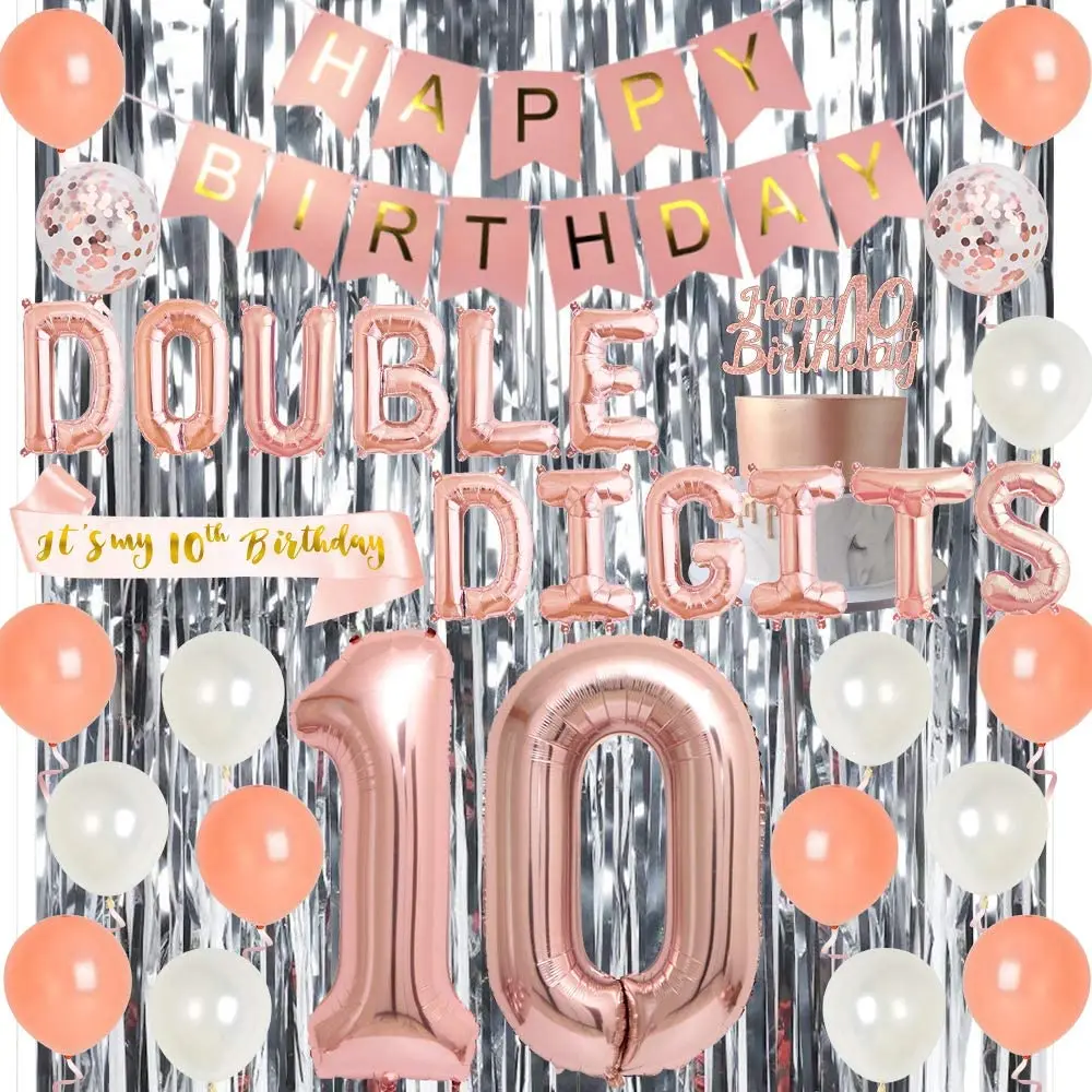 Conjunto de bandas y globos para decoraci&oacute;n de fiestas de cumplea&ntilde;os, pancarta para tarta de feliz 10 cumplea&ntilde;os, de doble d&iacute;gitos, oro rosa, para ni&ntilde;a-1