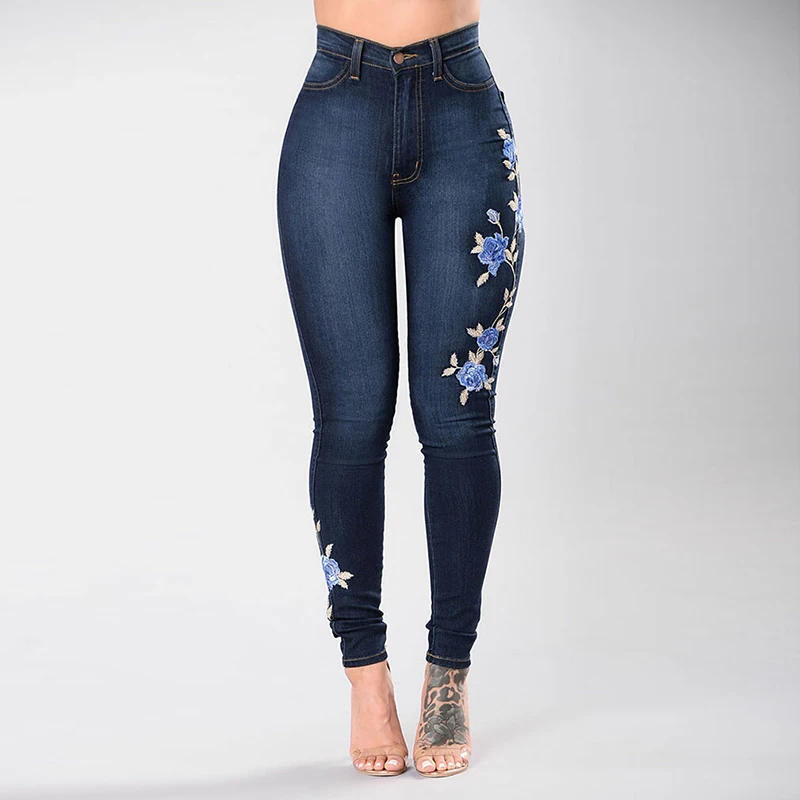 Women Skinny Jeans High Waist Sexy Pencil Pants Ladies Blue Rose Embroidered Jeans Girls Slim Print Trousers