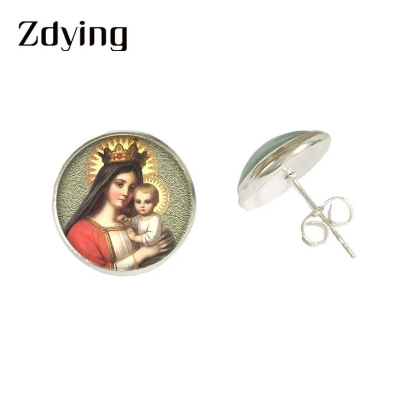 Женские серьги гвоздики с кабошоном в виде Девы Марии|Серьги-гвоздики| |