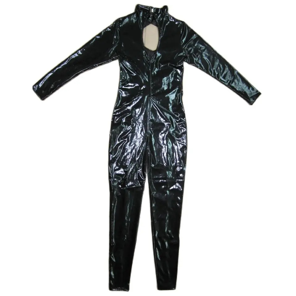 

Shiny Hollow Out Lace PU Leather Patchwork See Through Long Sleeve Bodysuit Bodycon Jumpsuit Cosplay Sexy Clubwear Bodystocking