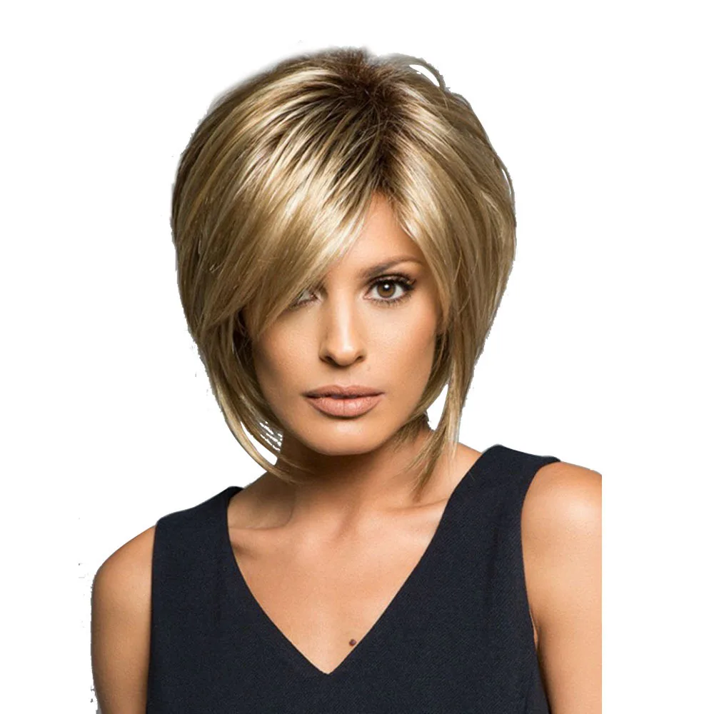 

Ladies Short Blonde Straight Wig Synthetic Wig With Side Part Bangs Nature Looking Daily Party Use For Women
