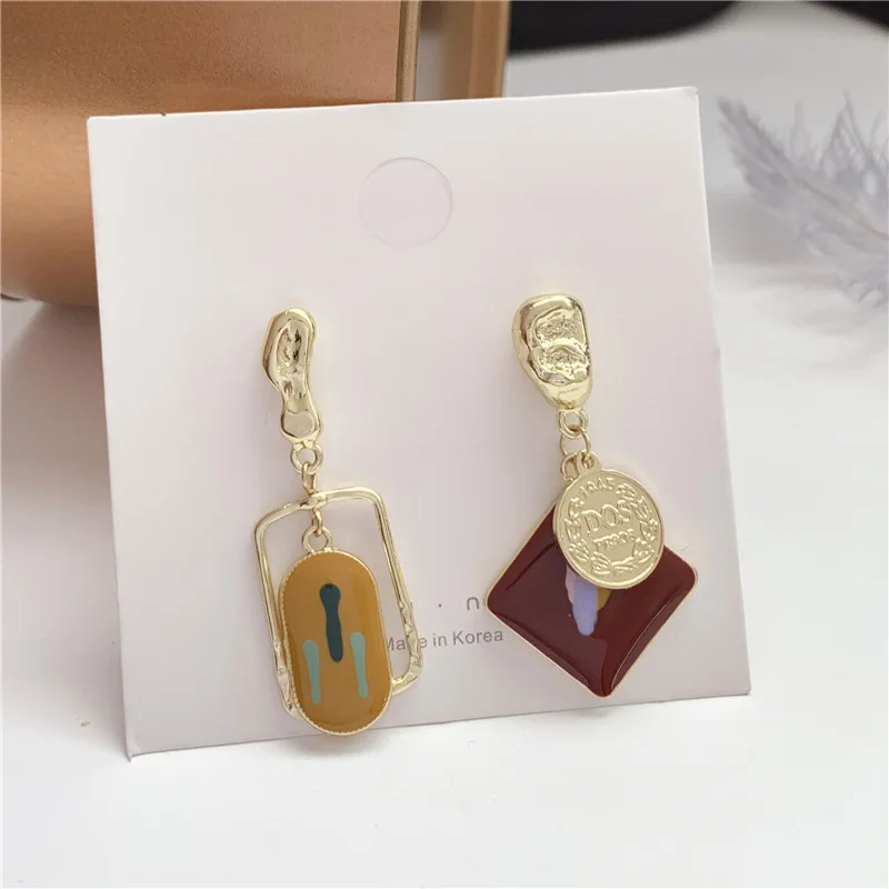 Винтажные простые квадратные Асимметричные металлические висячие серьги с