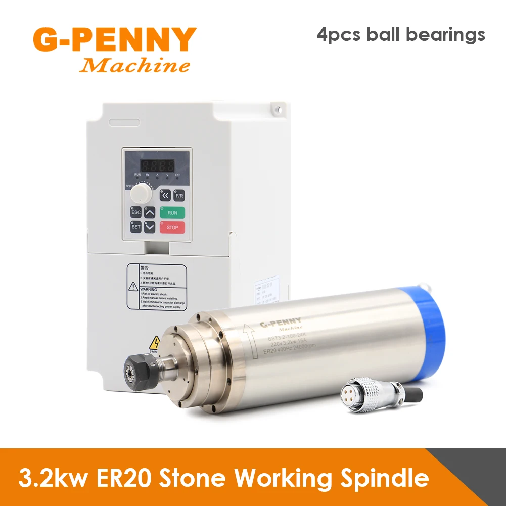 

3.2kw ER20 Water Cooled spindle 4pcs Ceramic ball bearings Stone working spindle 0.01mm Accuracy & 4.0kw QL Inverter