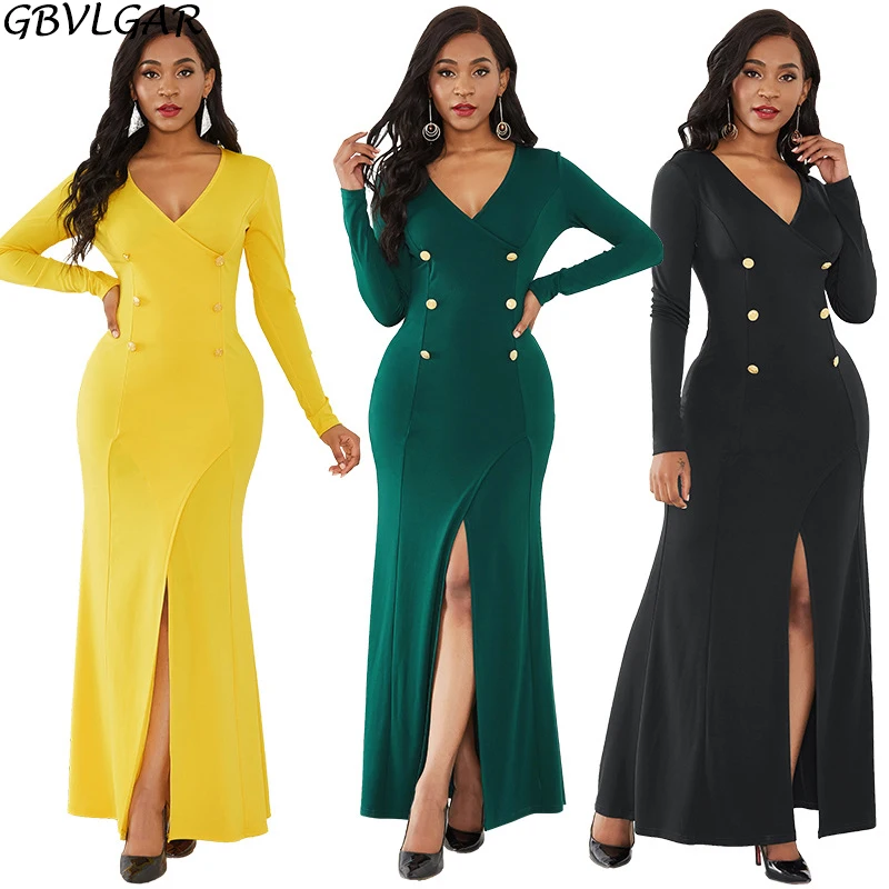 

2021 Evening Party Women Dresses Autumn Split Sexy Long Sleeves Bodycon Button Solid Color Formal V-Neck Slim Black Female