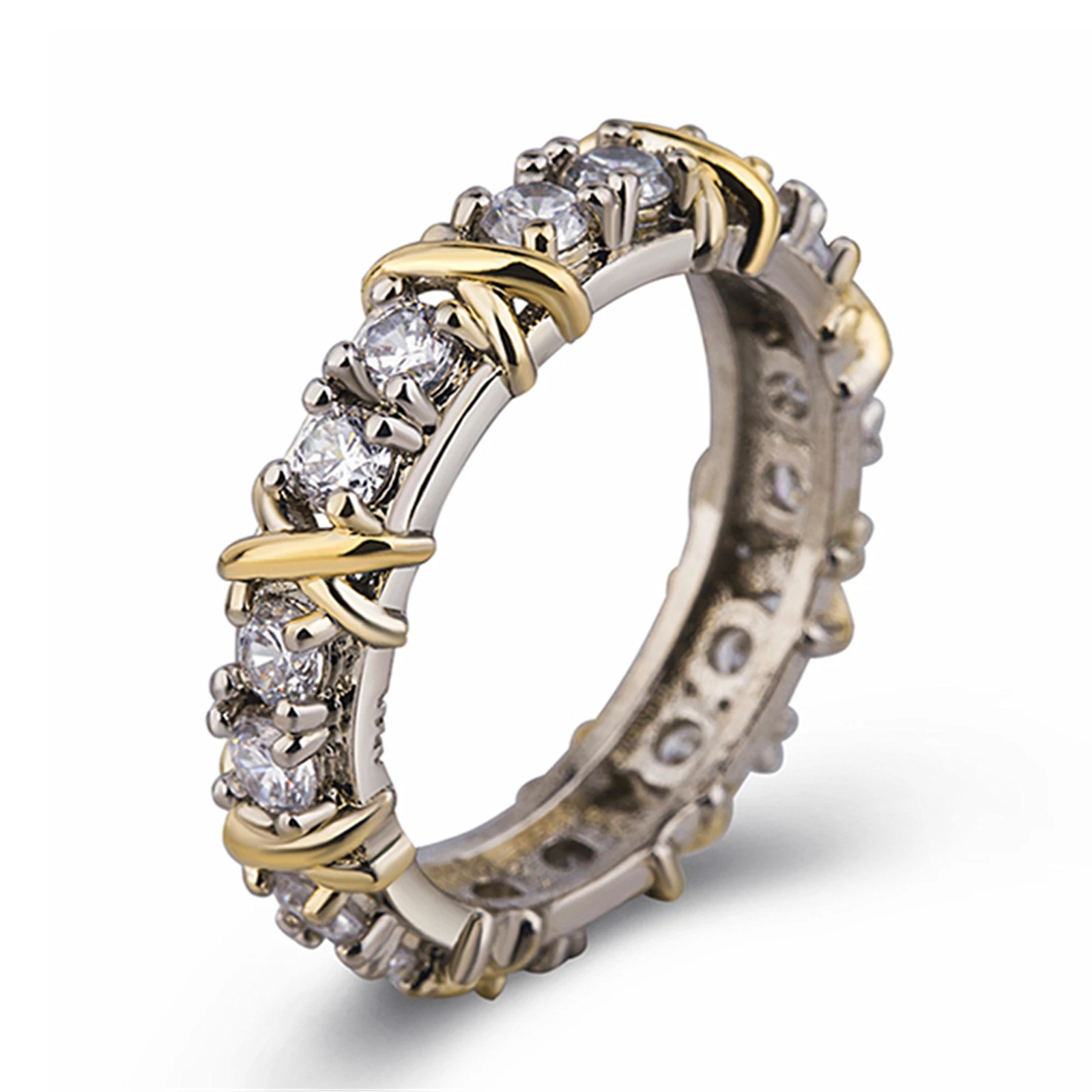 

Sterling Silver Cross Full Diamond Ring Platinum Band Ring for Women Girl Promise Ring Zircon Jewelry Dual Plating XR-H