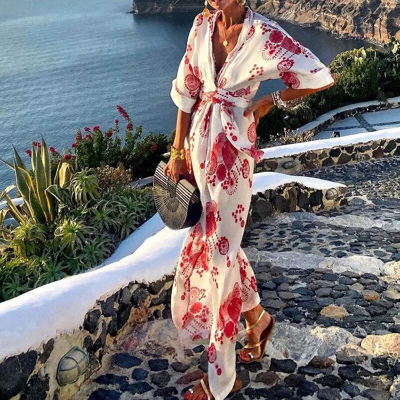 

2021 Autumn Half Sleeve Women Elegant Party Dress Sexy Deep V Neck Ladies Slim Long Dress Beach Style Retro Print Dress Vestidos