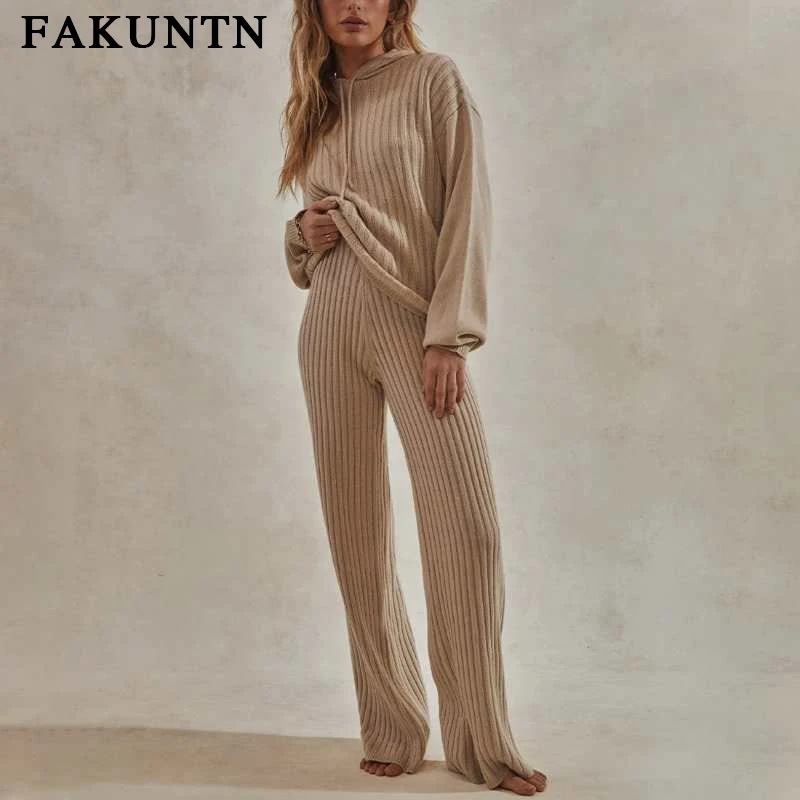 저렴한 FAKUNTN-라운지웨어 니트 정장 후드 스웨터 와이드 레그 팬츠 투피스 세트 여성용, 가을 겨울 의류 2021