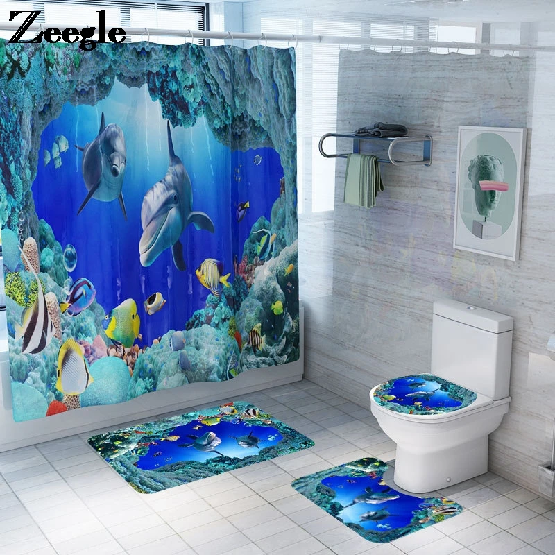

Animal Pattern Shower Curtain with Bath Mat Set Microfiber Bathroom Floor Mat Non-slip Bathroom Foot Mat Set