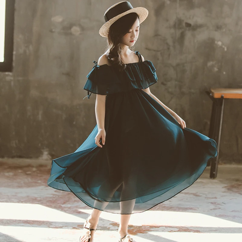 Платье для девочек летняя одежда Детские платья длинное шифоновое красное синее