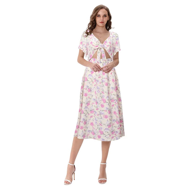 Женское летнее платье с цветочным принтом эластичное длинное пляжное миди
