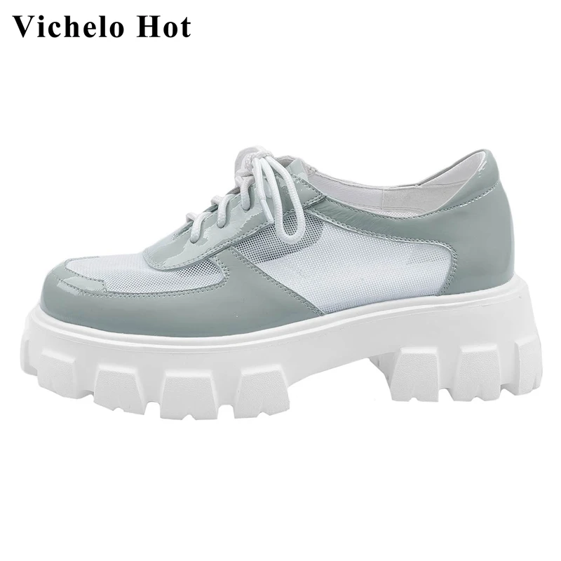 

Vichelo Hot cow leather air mesh sunscreen breathable shoes round toe high heels preppy style young lady daily women pumps L16