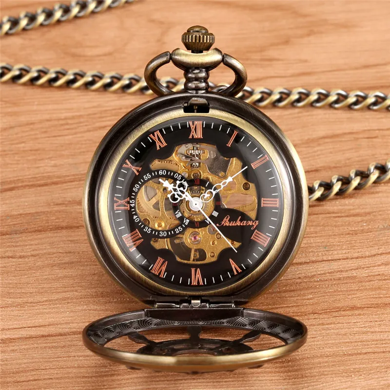 Retro Pocket Watch Hollow Out Rudder Men Women Skeleton Hand Wind Mechanical Watches with Fob Pendant Chain Roman Numeral Dial