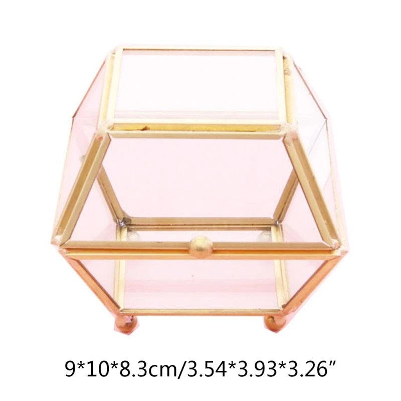 

Four Coner Transparent Gold Glass Ring Box Wedding Geometric Jewelry Organizer M0XF