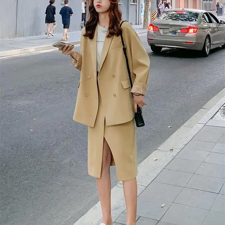 Элегантный отложной воротник куртка Высокая талия юбка костюм Женский Длинный
