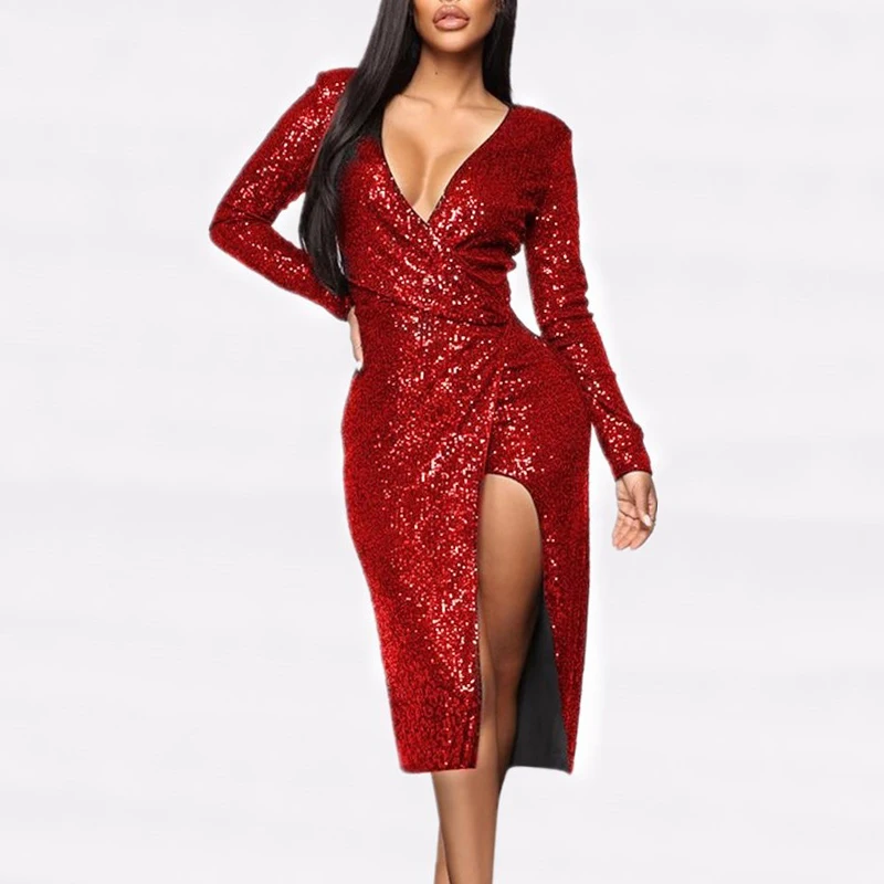 Сексуальное платье с длинным рукавом женские платья разрезом глубокая Клубная