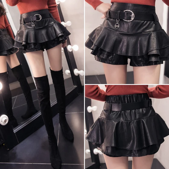 

2021 Spring black high waist PU leather skirt wild lotus leaf cake skirt Tutu skirt shorts skirt female dropshipping