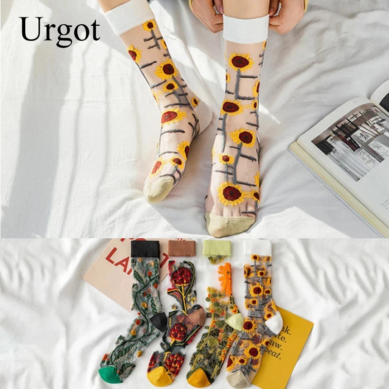

Urgot 1 Pair Creative Harajuku New Product Crystal Silk Tide Socks Women Funny Sunflowers Vines Flowers Casual Female Quality