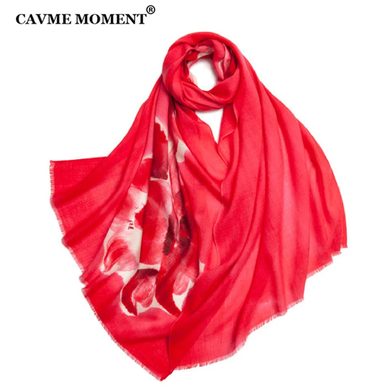 

CAVME Soft Wool Scarf Pashmina for Women Chinese Hand Painting Gift for Mother 100% Wool 70*200cm